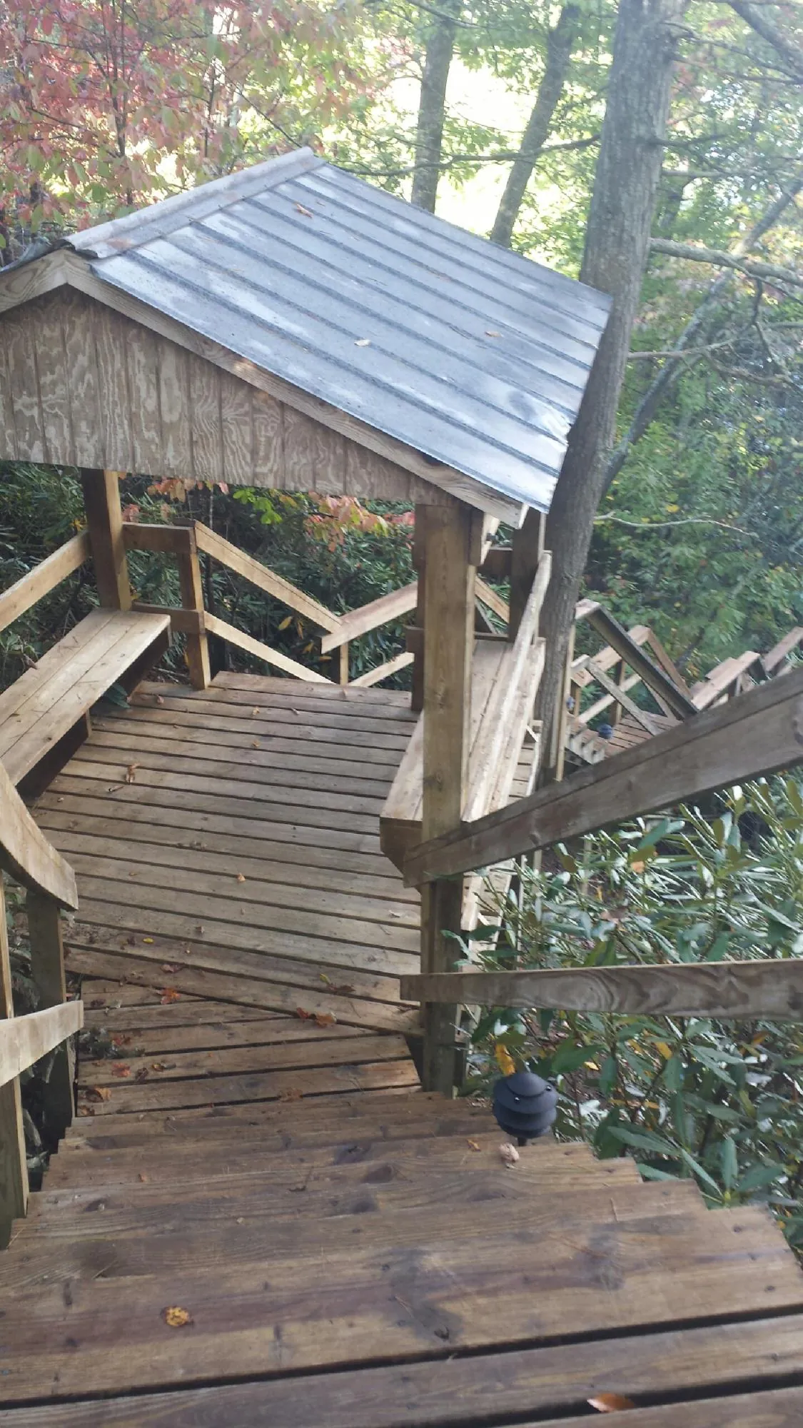 Metal roofed shelter over wooden steps on a wooded walkway — Skylight Repair & Installation work by our crew in Forest Lake
